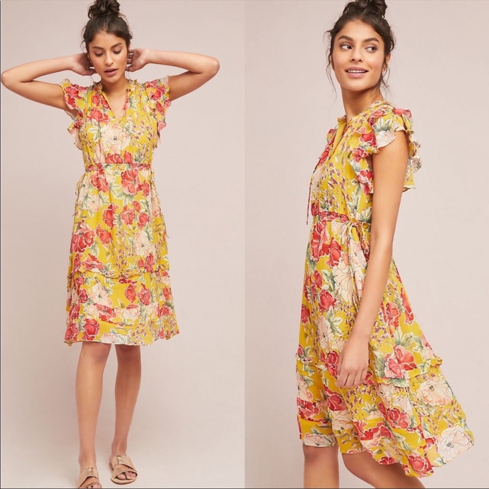 🆕Anthropologie Gold Floral Ruffled Dress NWT M rare 100% silk floral dress
